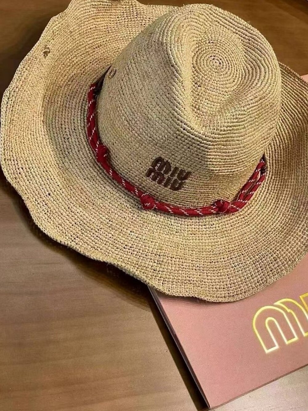 Miu Miu Woven Straw Cowboy Hat With Red Rope Band